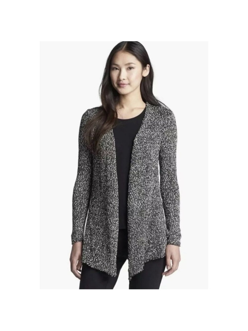 Eileen Fisher Black and White Micro Tweed Cotton Cardigan Sweater Size medium
